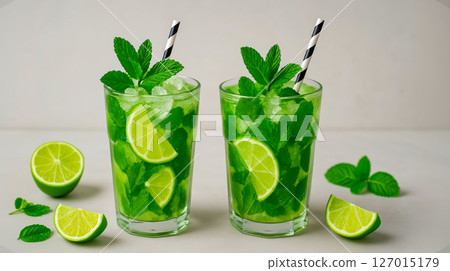 Two glasses of mojito with lime slices, fresh mint leaves and crushed ice on a white background 127015179