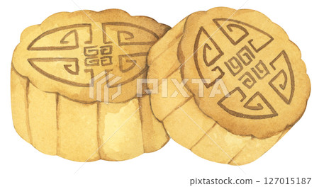 Hand Drawn Mooncakes Illustration, Traditional Chinese Dessert for Mid Autumn Festival, Symbol of Prosperity. Watercolor Illustration. 127015187