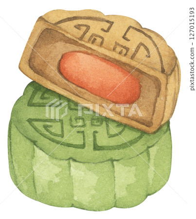 Mooncakes Illustration. Traditional Chinese Dessert for Mid Autumn Festival, Symbol of Prosperity. Watercolor Illustration. 127015193