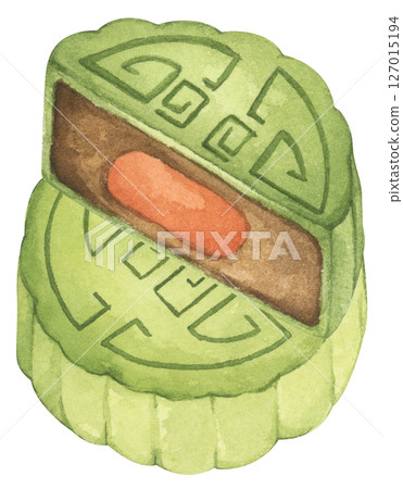 Mooncakes Illustration. Traditional Chinese Dessert for Mid Autumn Festival, Symbol of Prosperity. Watercolor Illustration. 127015194