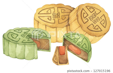 Mooncakes Illustration. Traditional Chinese Dessert for Mid Autumn Festival, Symbol of Prosperity. Watercolor Illustration. Mooncakes Illustration. Traditional Chinese Dessert for Mid Autumn Festival, Symbol of Prosperity. Watercolor Illustration. 127015196