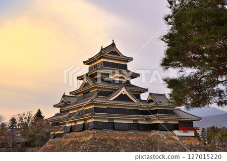 Matsumoto Castle, Chubu region, view from Matsumoto Castle Park, Matsumoto Castle bathed in a gentle sepia-toned sunset, Matsumoto City, Nagano Prefecture (5) 127015220