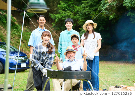 3 generations camping outdoor barbecue BBQ family auto campsite 3 generations camping outdoor barbecue BBQ family auto campsite 127015286