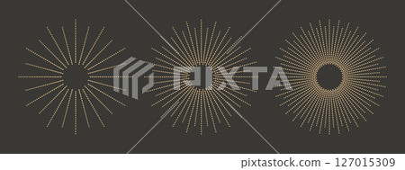 Bohemian gold sunburst, starburst, sunbeam design. Abstract boho thin line sun, star ornament. Bohemian gold sunburst, starburst, sunbeam design. Abstract boho thin line sun, star ornament. 127015309