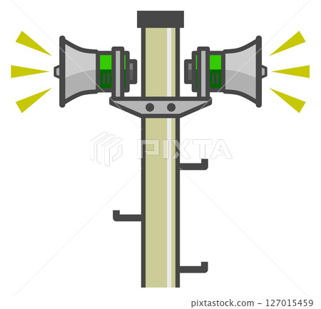 Illustration of a disaster prevention speaker announcing natural disaster warnings and evacuation advisories 127015459
