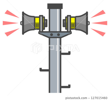 Illustration of a disaster prevention speaker announcing natural disaster warnings and evacuation advisories 127015460