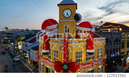 Aerial view of Festive Clock Tower with Santa Decorations Aerial view of Festive Clock Tower with Santa Decorations 127015562