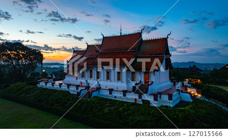 Aerial view of scenery Wat Baan Khan Temple at twilight Aerial view of scenery Wat Baan Khan Temple at twilight 127015566