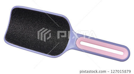 A purple and pink foot file with a black abrasive surface, isolated background A purple and pink foot file with a black abrasive surface, isolated background 127015879