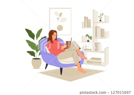Relaxing at Home Illustration of Woman Reading Book on Cozy Armchair Relaxing at Home Illustration of Woman Reading Book on Cozy Armchair 127015897