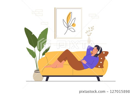 Relaxing at Sofa Illustration of Woman Listening to Music with Headphones Relaxing at Sofa Illustration of Woman Listening to Music with Headphones 127015898