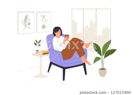 Relaxing at Home Illustration of Woman Sitting Comfortably 127015900