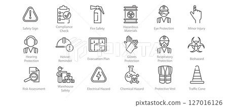 Set of line icons illustrating workplace safety and health. Clear symbols related to job protection and industrial security. Suitable for educational and corporate materials. Vector 127016126