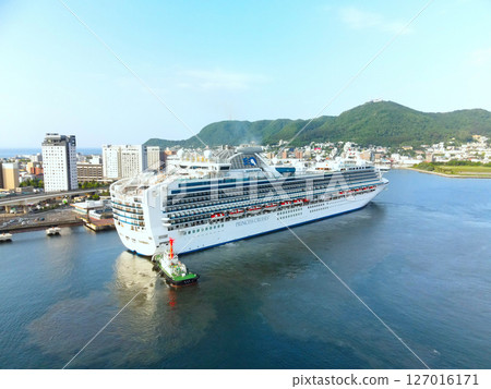 Aerial view of the cruise ship Diamond Princess calling at Hakodate Port in Hakodate, Hokkaido in early summer 127016171
