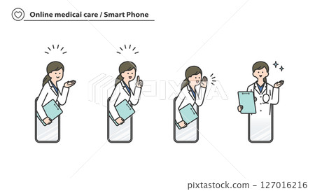 Online medical consultation: Female doctor responding from smartphone set Online medical consultation: Female doctor responding from smartphone set 127016216