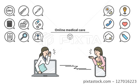 Online medical consultation: doctor and patient icon set Online medical consultation: doctor and patient icon set 127016223