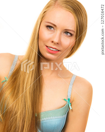 Girl long hair wearing bra 127016472