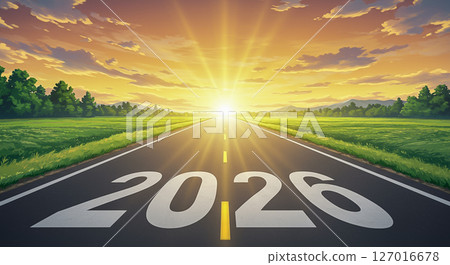 2026 年畫在日出時分霧氣瀰漫的鄉村公路上.象徵著充滿希望的新年旅程 2026 年畫在日出時分霧氣瀰漫的鄉村公路上.象徵著充滿希望的新年旅程 127016678