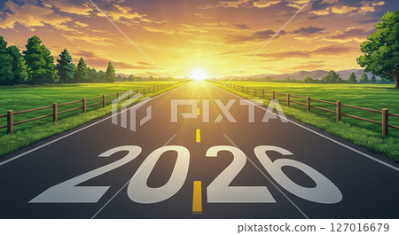 2026 年畫在日出時分霧氣瀰漫的鄉村公路上.象徵著充滿希望的新年旅程 2026 年畫在日出時分霧氣瀰漫的鄉村公路上.象徵著充滿希望的新年旅程 127016679
