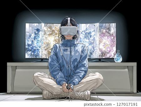 Illustration of a woman watching immersive anime with VR goggles 127017191