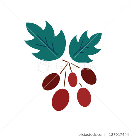 Minimalist vector illustration of rosehip branch with dark red oval berries and two stylized green leaves. Flat stylized vector illustration for autumn decor, packaging or botanical patterns. 127017444