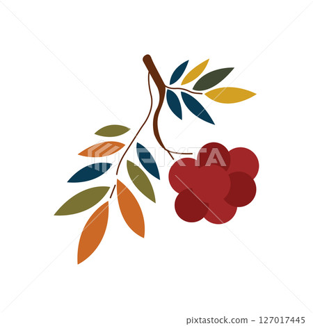 Stylized rowan branch with bright autumn leaves and red berries. Rowan leaves are blue, orange, green and yellow. Vector illustration in a flat style. Suitable for autumn, warm and cozy design of 127017445