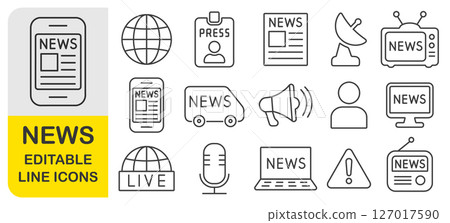 News report editable line icons set. Journalism newspaper logo sign collection. Icon, Symbol, TV, radio, computer, internet, live broadcast. Vector illustration image. Isolated on white background. 127017590