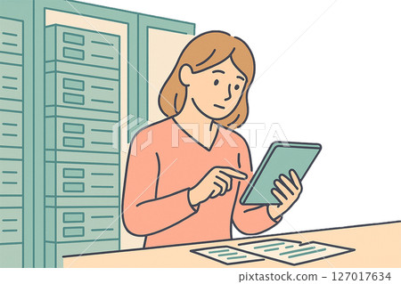 Illustration of a woman checking information on a tablet (office, digital work) 127017634