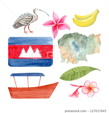 Cambodian map, flag, plumeria flower, boat, Ibis bird, bananas, watercolor illustration set isolated on white. Ideal for travel blogs, eco packaging, souvenirs, tourism branding, cultural designs 127017645