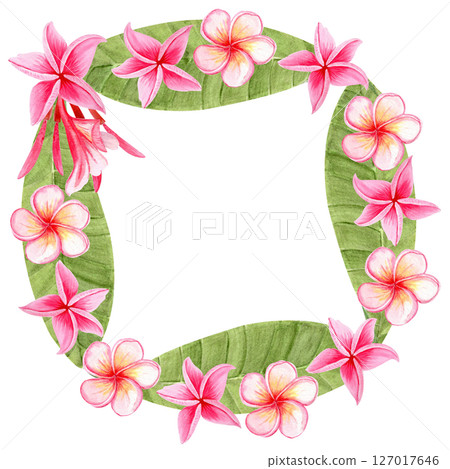 Tropical square frame with pink frangipani flowers and green leaves, hand painted in watercolor. Perfect for Cambodian tourism, spa branding, wedding invitations, eco packaging, and summer cards Tropical square frame with pink frangipani flowers and green leaves, hand painted in watercolor. Perfect for Cambodian tourism, spa branding, wedding invitations, eco packaging, and summer cards 127017646