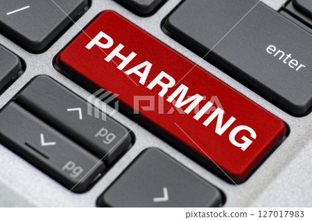 Pharming text on laptop keyboard indicating where users can be redirected unknowingly to fake websites 127017983