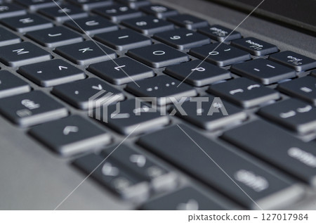 Laptop keyboard view symbolizing digital workspace and potential surface for cybersecurity risks. 127017984