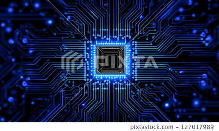 Glowing Blue Processor on Futuristic Circuit Grid Glowing Blue Processor on Futuristic Circuit Grid 127017989