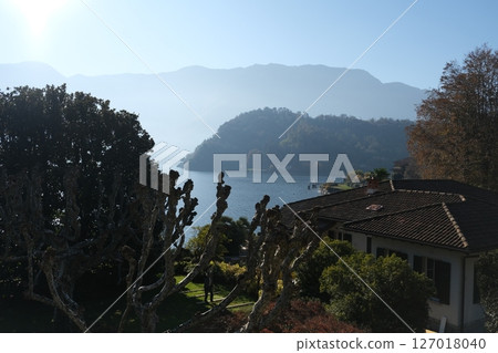 Epic Como lake view trees and fog Epic Como lake view trees and fog 127018040