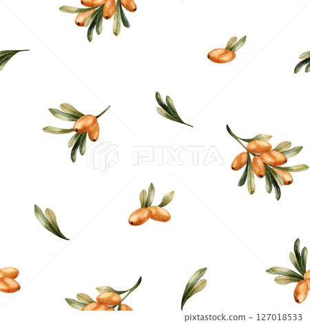 Sea buckthorn branches with orange berries and green leaves. Watercolor hand painted autumn floral seamless pattern on white background for fall design, home textile, wrapping paper, wallpaper, fabric Sea buckthorn branches with orange berries and green leaves. Watercolor hand painted autumn floral seamless pattern on white background for fall design, home textile, wrapping paper, wallpaper, fabric 127018533