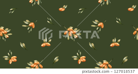 Sea buckthorn branches with orange berries and green leaves. Watercolor hand painted autumn floral seamless pattern on dark green background for fall home textile, wrapping paper, wallpaper, fabric 127018537