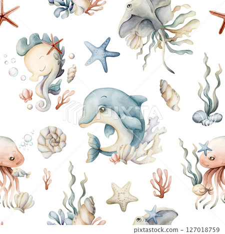 Cute sea animals and plants. Dolphin seahorse jellyfish stingray seaweed shell and starfish. Watercolor summer seamless pattern on white background for kids baby nursery textile fabric wrapping paper 127018759