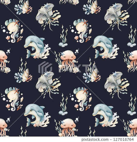 Cute sea animals and plants. Dolphin seahorse jellyfish stingray seaweed shell and starfish. Watercolor summer seamless pattern on dark blue background kids baby nursery textile fabric wrapping paper 127018764