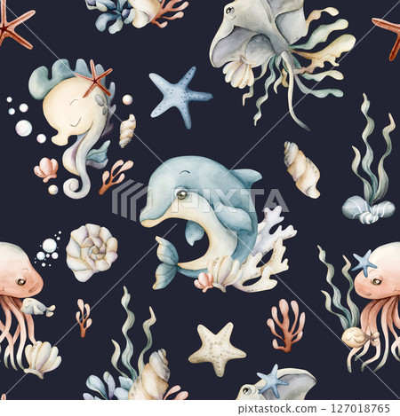 Cute sea animals and plants. Dolphin seahorse jellyfish stingray seaweed shell and starfish. Watercolor summer seamless pattern on dark blue background kids baby nursery textile fabric wrapping paper 127018765