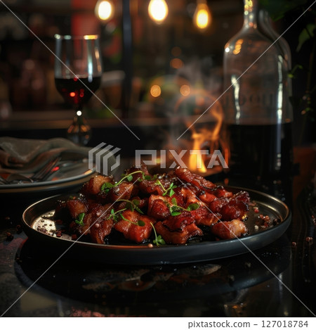 Delicious Hot Bacon Plate on Table 127018784