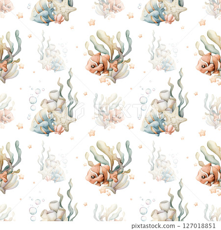 Cute Clown Fish Angelfish Sea Starfish Shell Seaweeds. Adorable deep underwater world. Watercolor summer marine seamless pattern on white background for kids baby nursery textile fabric wrapping paper 127018851