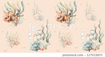 Cute Clown Fish Angelfish Sea Starfish Shell Seaweeds. Adorable deep underwater world. Watercolor summer marine seamless pattern on beige background for kids baby nursery textile fabric wrapping paper 127018853