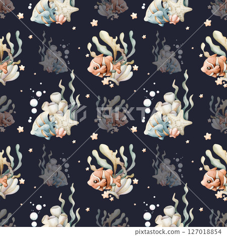 Cute Clown Fish Angelfish Sea Starfish Shell Seaweeds. Adorable underwater world. Watercolor summer marine seamless pattern on dark blue background for kids baby nursery textile fabric wrapping paper 127018854