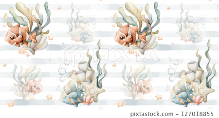 Cute Clown Fish Angelfish Sea Starfish Shell Seaweeds. Adorable deep underwater world. Watercolor summer marine blue striped seamless pattern on white background for kids baby nursery textile fabric 127018855