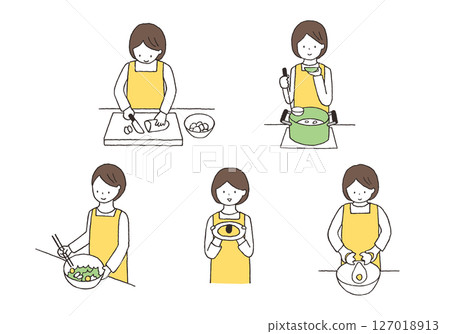 Hand drawn illustration set of a woman cooking 127018913