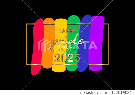 Pride month 2025 logo with rainbow flag. Banner Pride symbol with heart, LGBT, minorities, gays and lesbians. Background Love is love. Template designer sign, icon colorful rainbow isolated on black 127019024