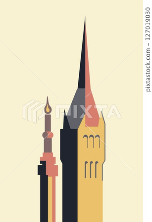 Vector illustration of two old towers in gothic style. Flat design. Medieval architecture. 127019030