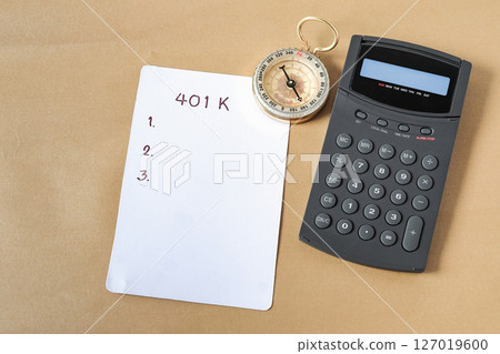 401k  Plan note with calculator on table, retirement concept . 127019600