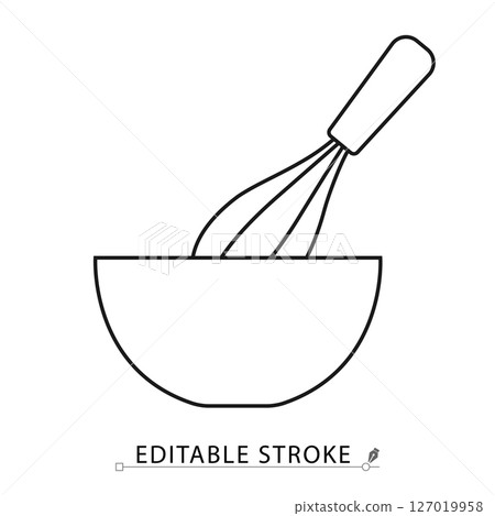 Line style icon of whisk in bowl with editable stroke. Flat vector outline of kitchen utensil for mixing ingredients in minimal design. Cooking, baking, kitchen tools, food preparation, culinary Line style icon of whisk in bowl with editable stroke. Flat vector outline of kitchen utensil for mixing ingredients in minimal design. Cooking, baking, kitchen tools, food preparation, culinary 127019958