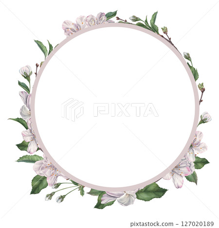 Wreath of cherry blossom, leaves, flower buds and twigs. Hand drawn watercolor illustration of round frame on isolated background. Floral template for tableware, wedding design, greeting cards Wreath of cherry blossom, leaves, flower buds and twigs. Hand drawn watercolor illustration of round frame on isolated background. Floral template for tableware, wedding design, greeting cards 127020189